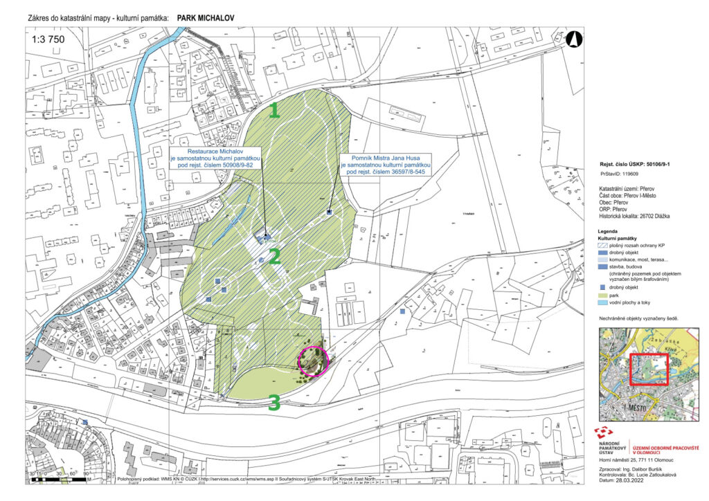 Poloha amfiteátru ve vztahu k památkové ochraně parku Michalon